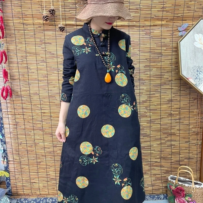 秋季新款长袖盘扣立领文艺复古显瘦气质连衣裙