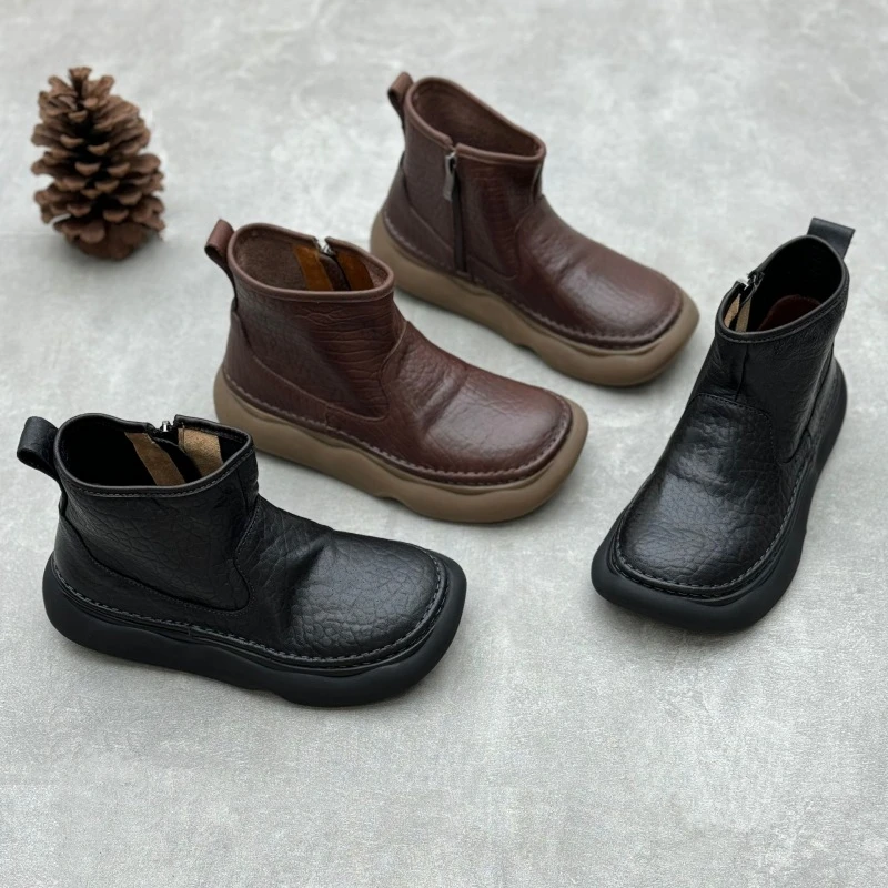 外贸手工真皮短靴2024秋冬新款复古方头侧拉链软牛皮女切尔西靴子