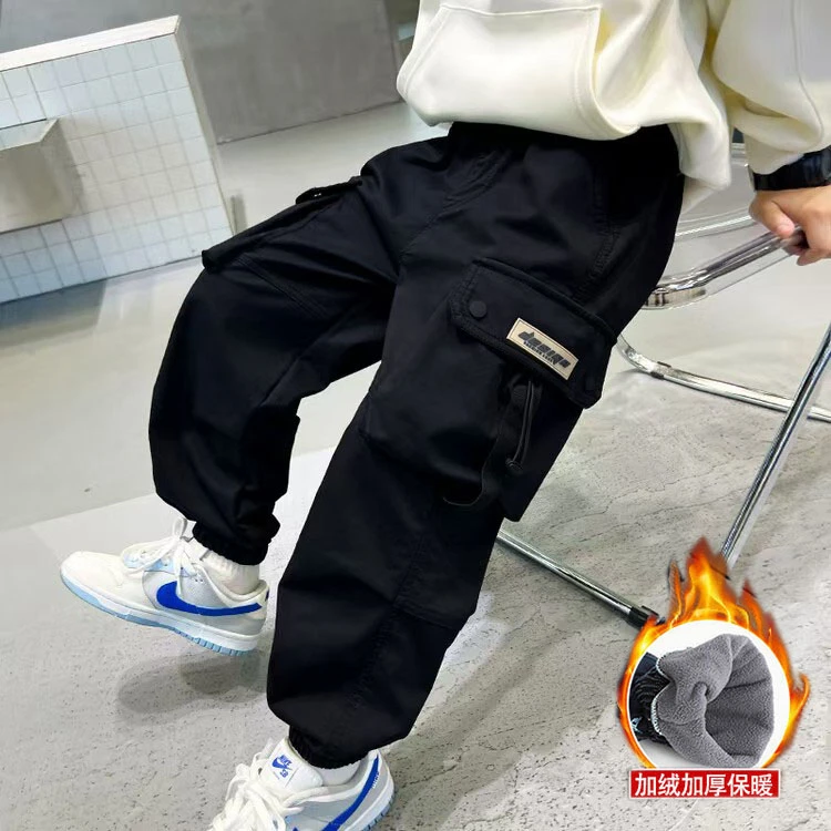男童棉布一体绒工装休闲长裤秋冬新款棉布春秋百搭潮中大童韩版