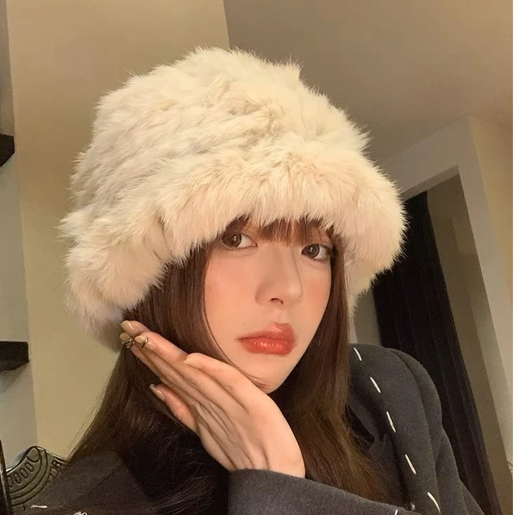 毛绒帽女秋冬季韩版新款保暖兔毛帽日系大头围显脸小毛茸茸盆帽