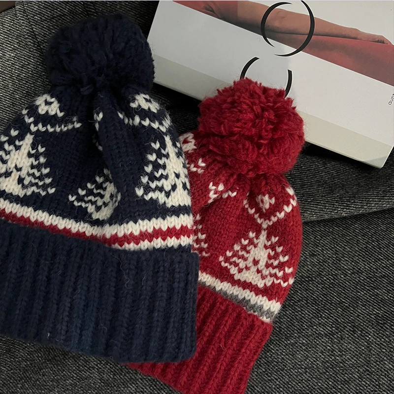 复古费尔岛风毛线帽子女冬季加厚保暖可爱显脸小针织帽