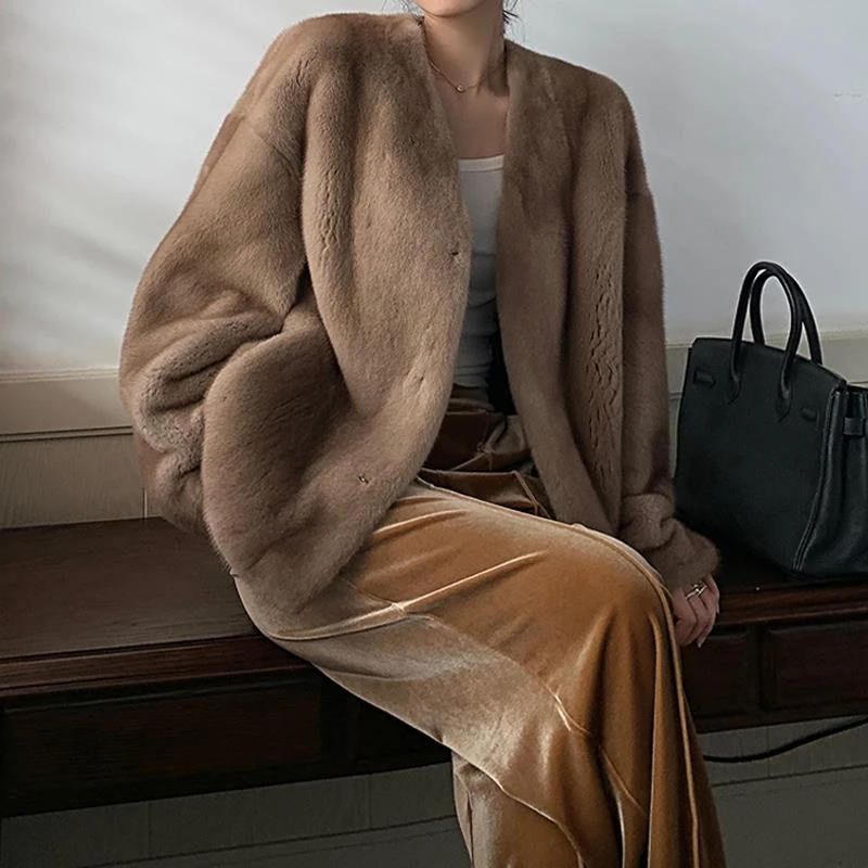 2023新款环保皮草女高级感时尚V领整貂衣年轻款仿水貂绒毛毛外套