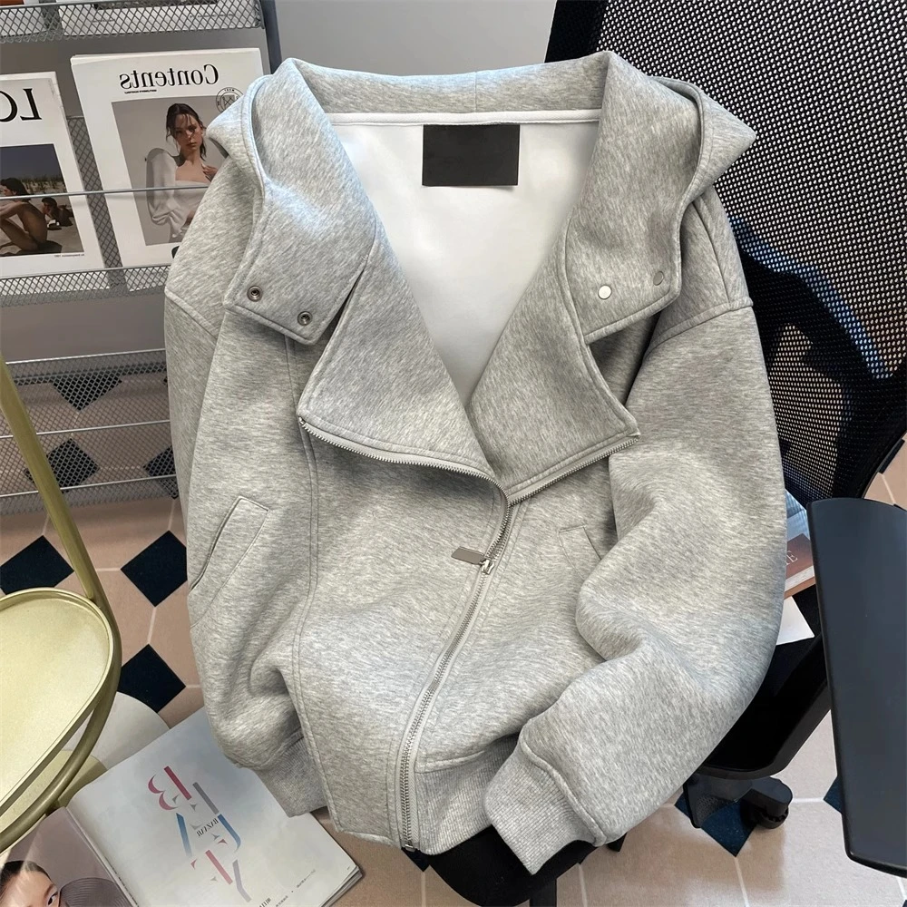 美式高街设计感不规则双拉链卫衣女秋冬新款加绒加厚连帽开衫外套