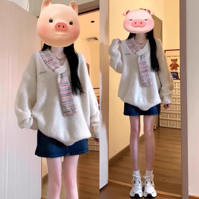 软糯v领拼接针织衫毛衣女秋冬季新款小众设计感慵懒风韩系上衣服