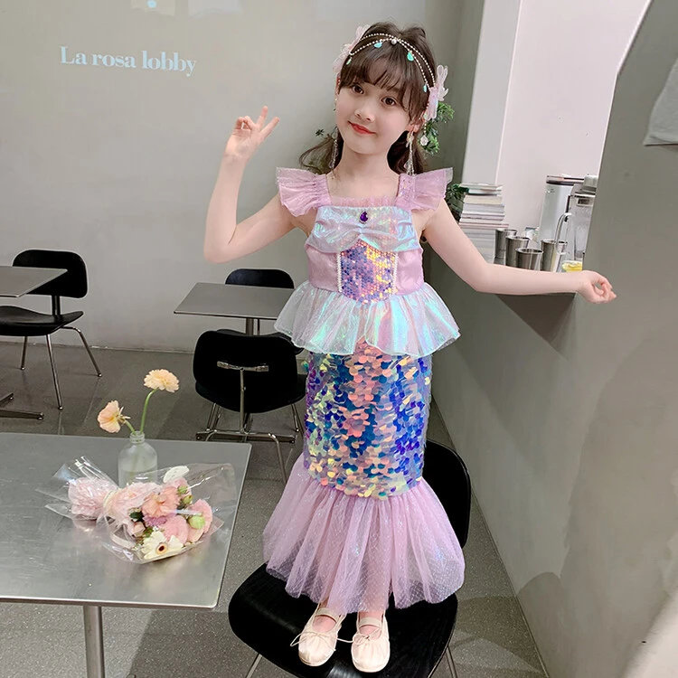 女童美人鱼连衣裙2024新款人鱼姬鱼尾裙洋气礼服裙儿童亮片公主裙