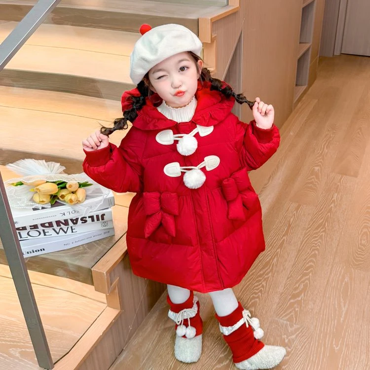 女童棉服冬季新款洋气儿童中长款棉衣女孩过年拜年服红色喜庆棉袄