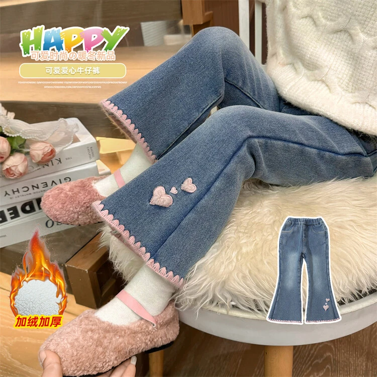 女童加绒牛仔裤秋冬加厚洋气保暖儿童一体绒长裤女宝宝冬装喇叭裤