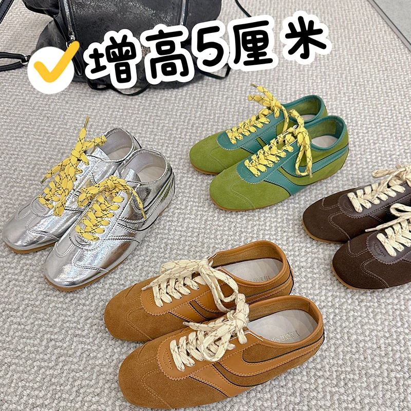 真皮内增高运动休闲鞋女系带阿甘平底鞋女软底舒适秋冬新款德训鞋