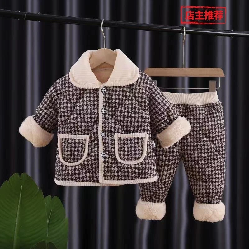 冬款宝宝三层加绒加厚睡衣男女保暖家居服儿童洋气款幼童棉服套装