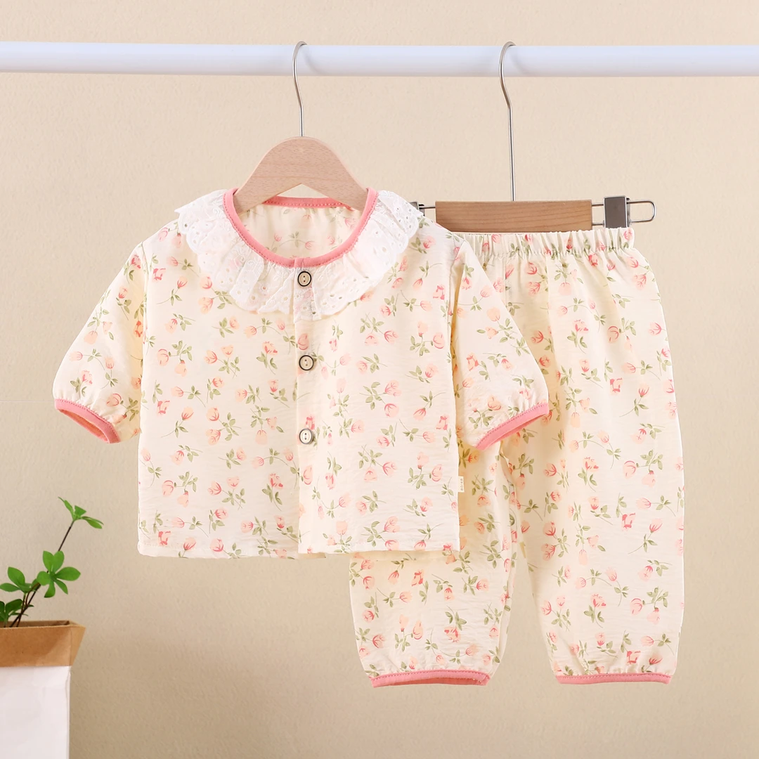 2024夏新款空调服家居外出服小童超薄儿童套装洋气碎花女男宝宝