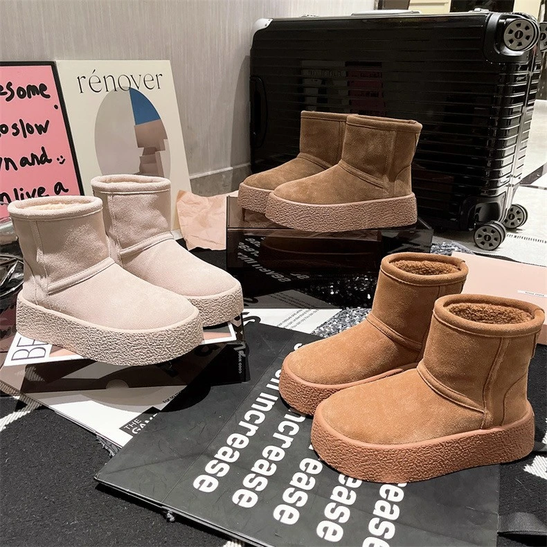 韩版奶奶灰厚底雪地靴女冬季加绒加厚保暖东北棉鞋面包鞋松糕短靴