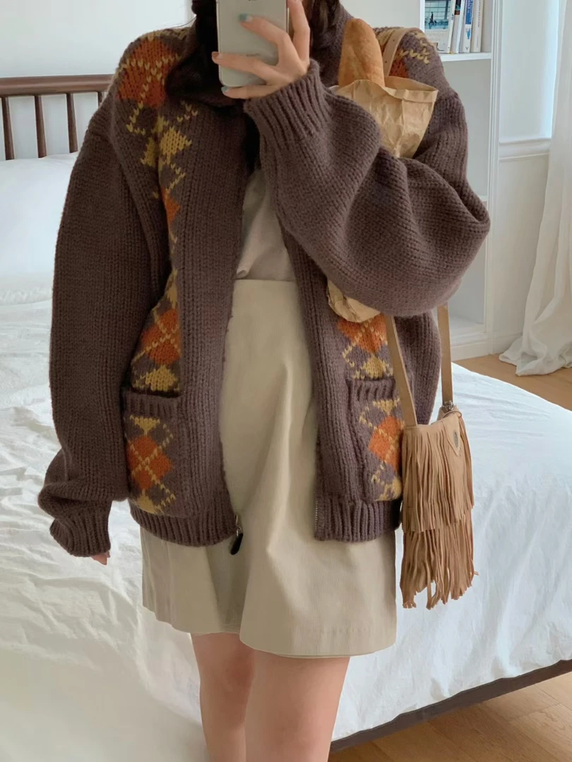 韩国东大门加厚毛衣菱形格开衫No退换