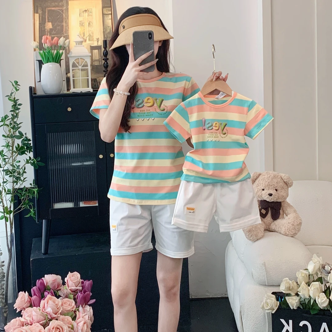 网红亲子装夏季洋气条纹T恤百搭儿童母子装一家三口四口时尚套装