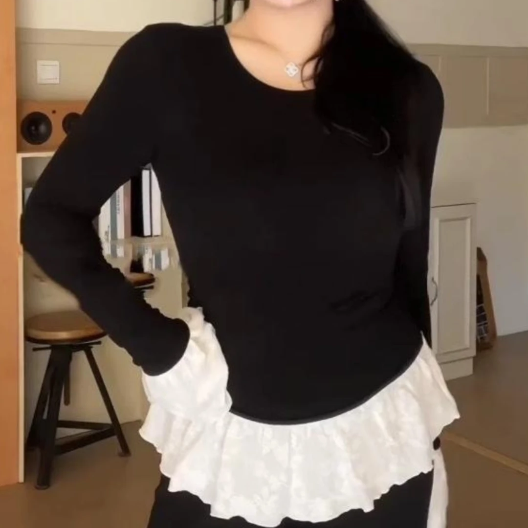 韩系芭蕾风设计感假两件蕾丝拼接长袖T恤女秋季小众收腰显瘦上衣