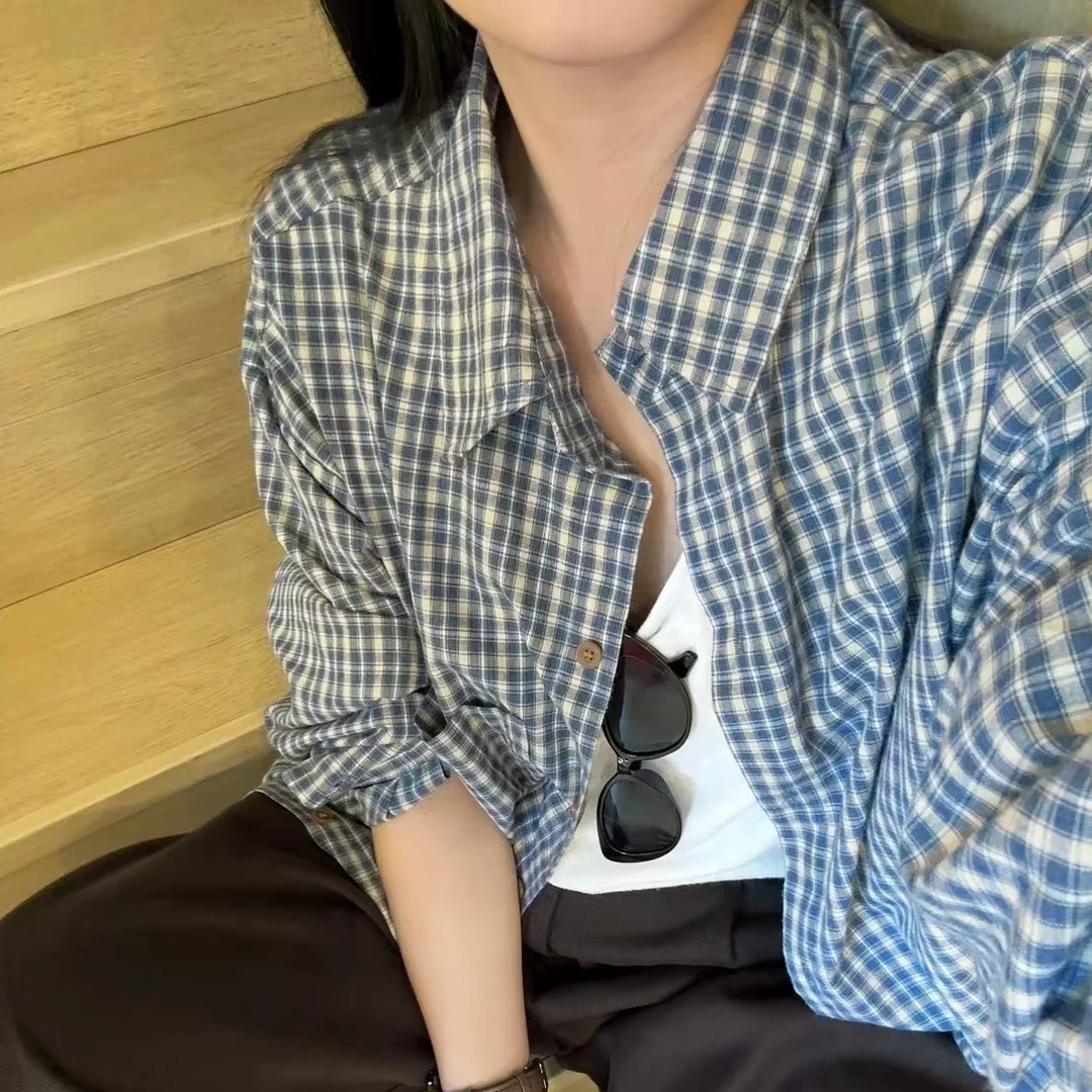 复古撞色蓝色格子单排扣衬衫女装早秋设计感休闲宽松防晒外套