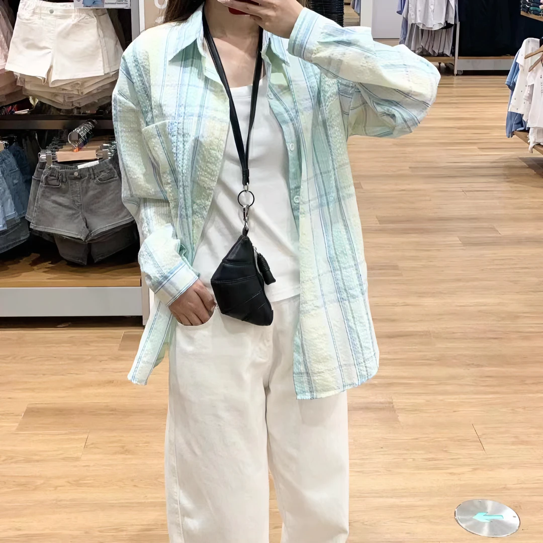 森系小清新格子防晒衬衫女夏季设计感小众薄款宽松polo领衬衣外套