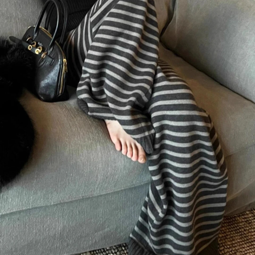 设计感新款松紧腰抽绳显瘦时尚休闲裤女装秋季高腰黑灰条纹拖地裤