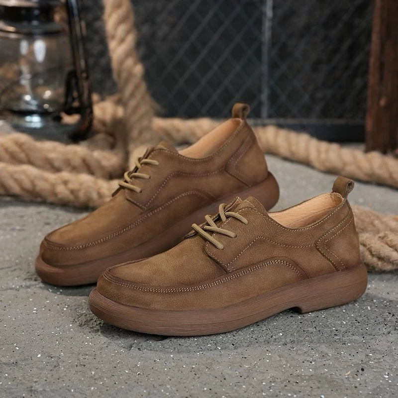 秋冬新款男士休闲头层牛皮板鞋透气真皮复古低帮系带厚底休闲皮鞋