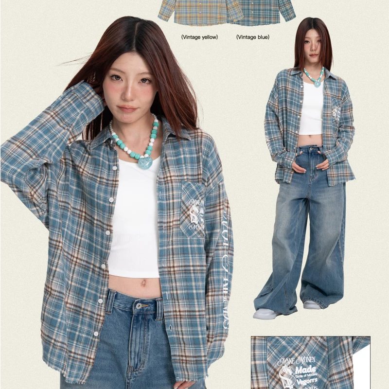 VEGORRS 2024秋冬新款  "Make money Not Friends"格子长袖衬衫