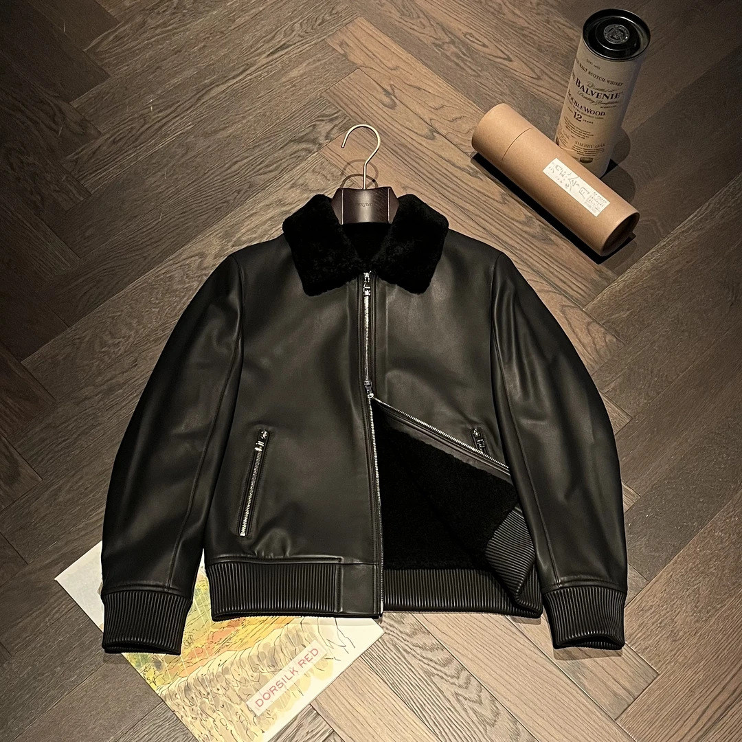 DIERTUUO迪途-男士冬季时尚百搭休闲简约羊羔毛双色翻领皮衣22115