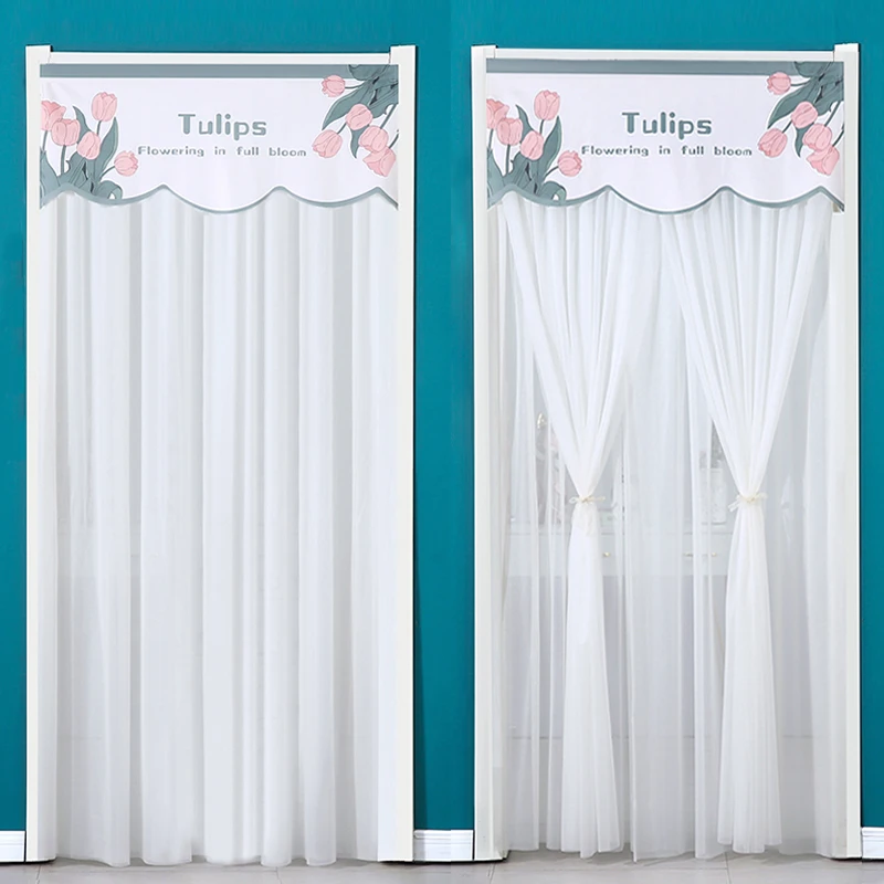 蕾丝门帘隔断帘家用免打孔卧室双层不透纱帘防蚊挂帘夏季防蝇卡通