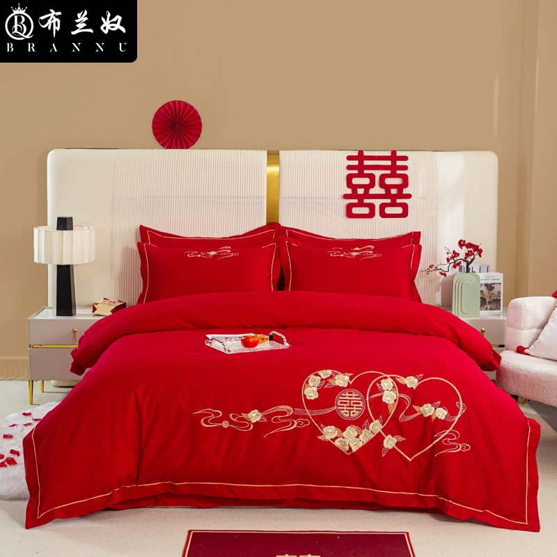 新款高档新疆长绒棉结婚四件套全棉大红色婚庆婚房绣花喜庆婚被套
