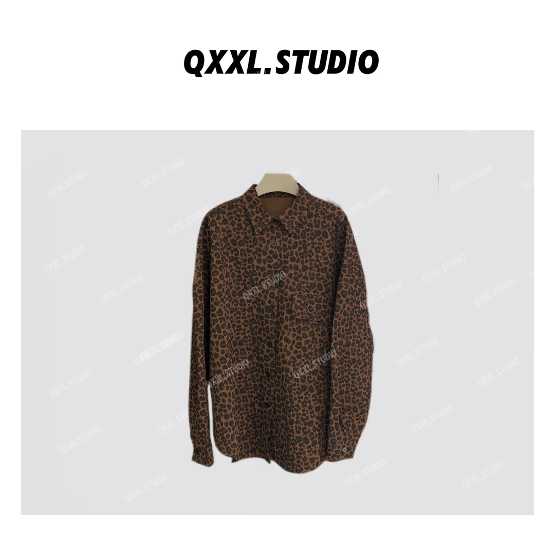 【QXXL】秋季韩版宽松豹纹衬衫女外套设计感小众长袖翻领上衣