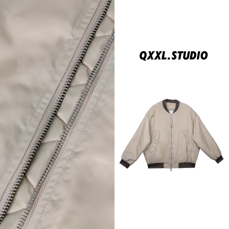 【QXXL】冬季新款洋气撞色棒球领落肩褶皱长袖加厚羽绒服