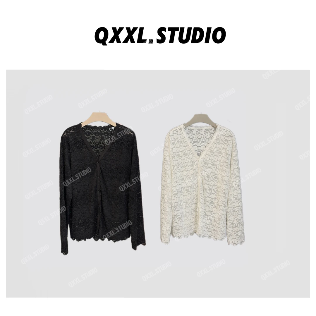 【QXXL】V领正肩蕾丝衫女冬季新款加绒内搭网纱镂空打底衫