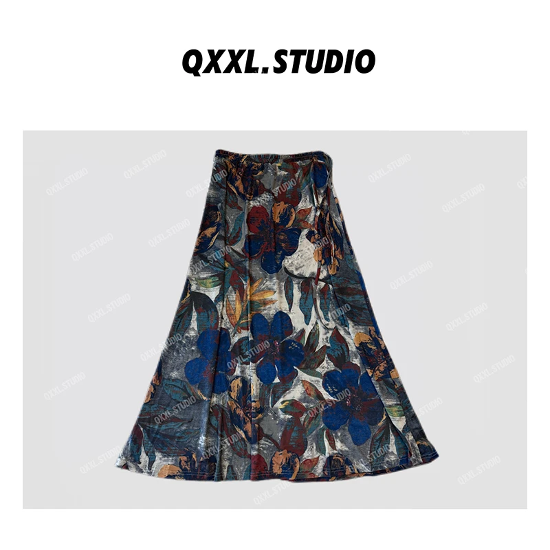 【QXXL】夏季新款复古松紧腰印花抽绳中长款半身裙