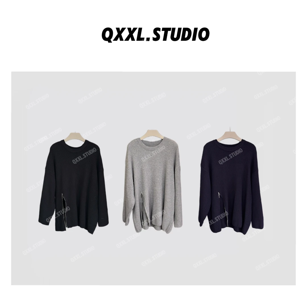 【QXXL】秋季新款韩版圆领纯色开叉针织衫女宽松慵懒风毛衣