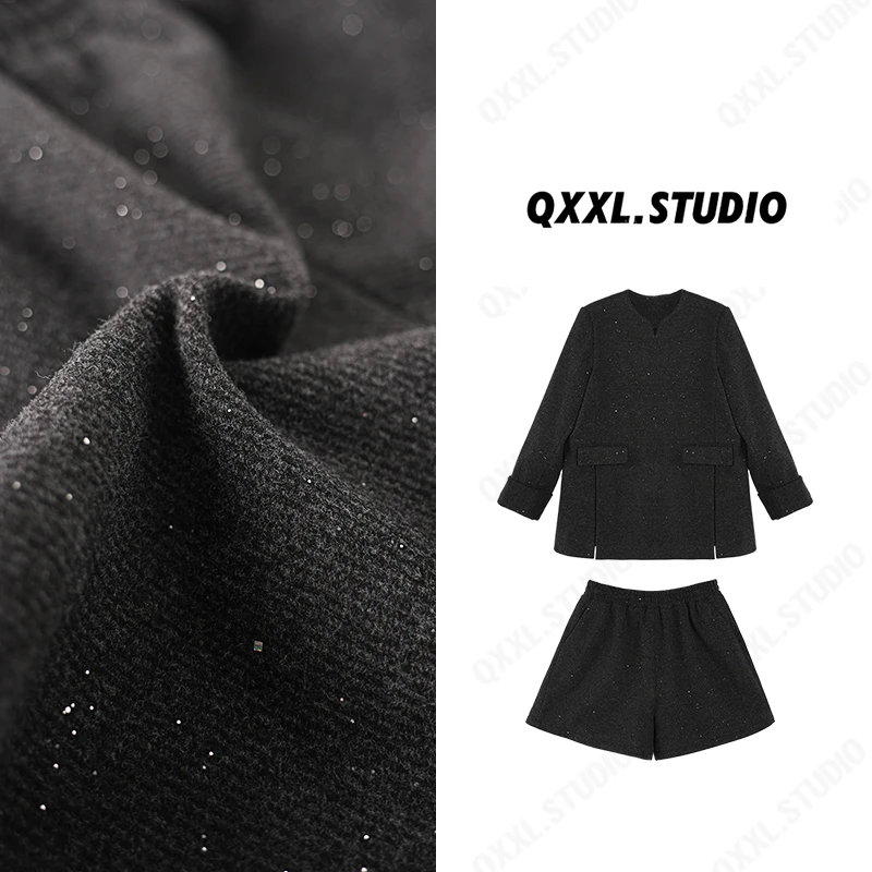 邱小小丽呀 冬季新款韩版高级感复古简约百搭粗斜呢满天星V领套装