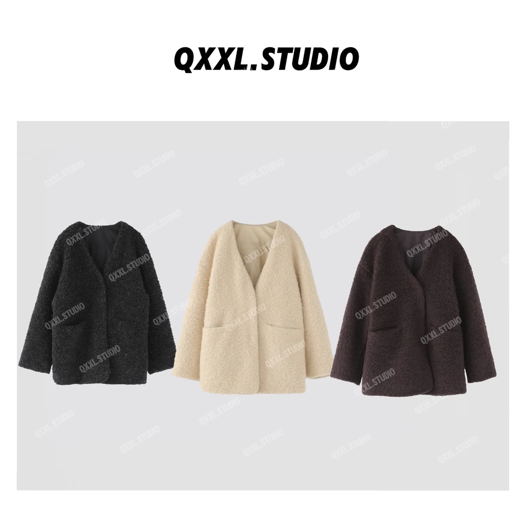 【QXXL】秋冬新款高级感宽松慵懒风松弛感V领毛毛外套