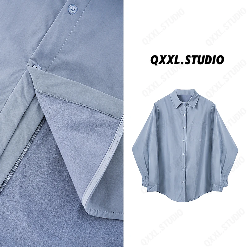 【QXXL】冬季新款小众立领宽松休闲港味加绒长袖衬衫外套
