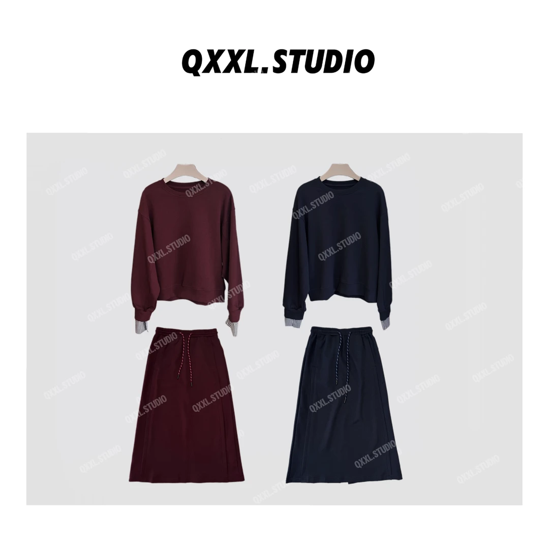 【QXXL】早秋韩版时尚拼接长袖上衣+宽松显瘦a版半身裙两件套