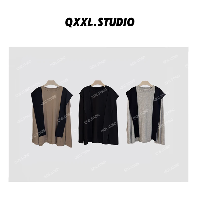 【QXXL】早秋新款极简休闲纯色小立领长袖T恤