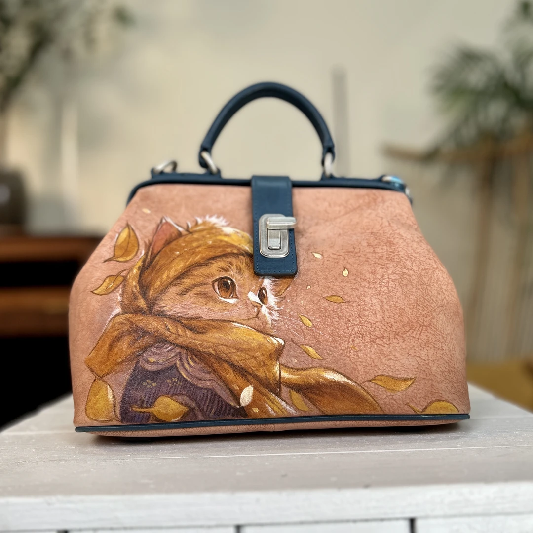 原创设计纯手工彩绘头层牛皮女包时尚斜挎包单肩女包手提包医生包