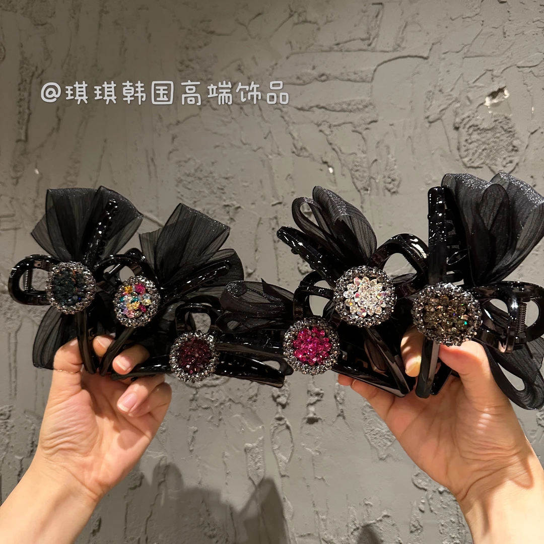 非金属合成锆石发饰 韩国轻奢高级施钻AB面圆盘蝴蝶结鲨鱼夹13cm