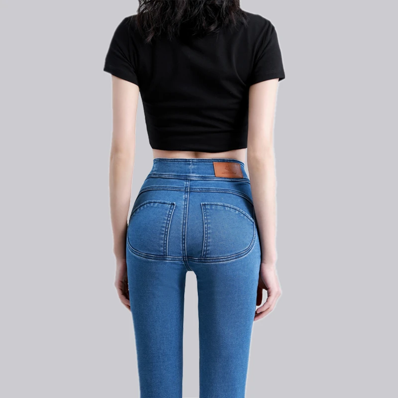 蜜桃牛仔裤女提臀中高腰二粒扣弹力浅蓝铅笔裤修身显瘦紧身小脚裤