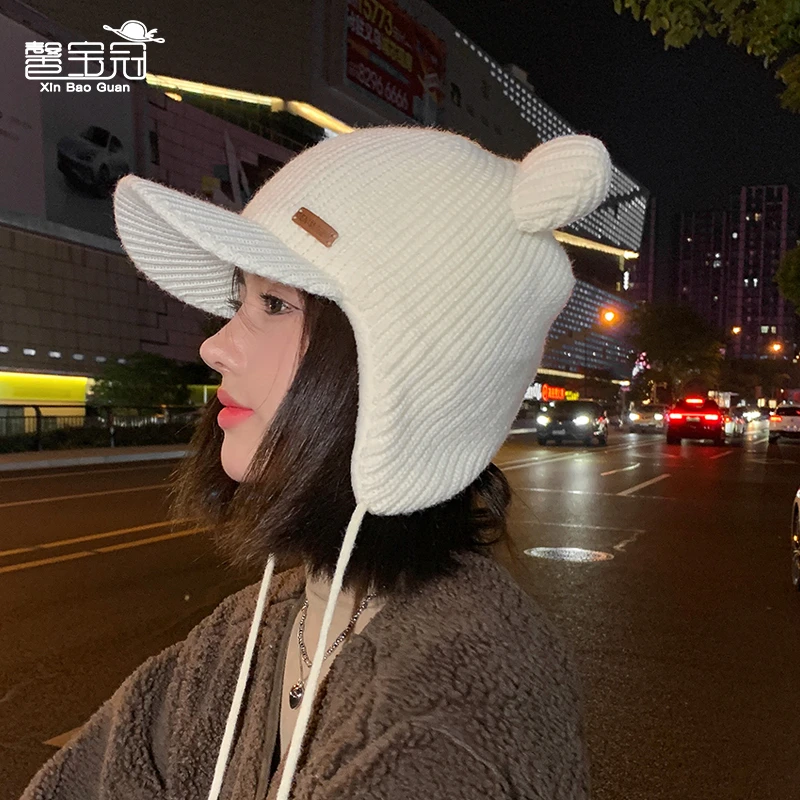 帽子女秋冬加绒米奇耳朵帽子甜美可爱护耳帽保暖鸭舌针织毛线帽潮
