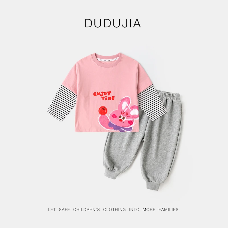 嘟嘟家儿童T恤套装春季男童假两件t恤两件套女童裤子宝宝童装春秋