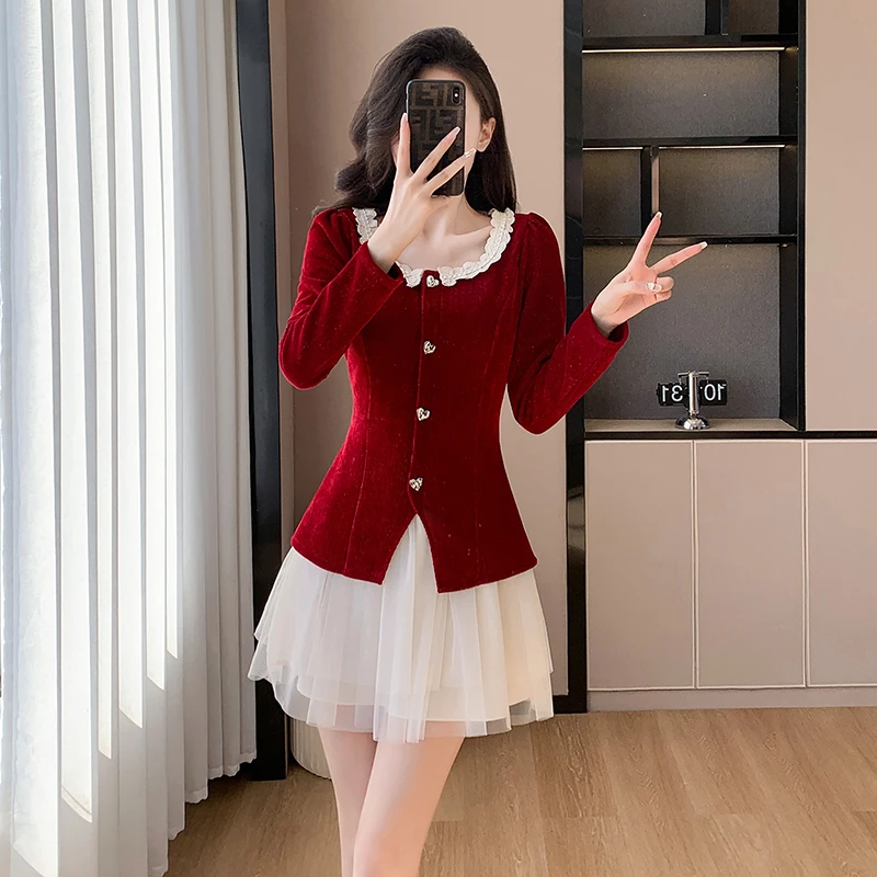 秋冬甜美气质收腰花边方领红色拼接网纱蓬蓬裙显瘦假两件连衣裙