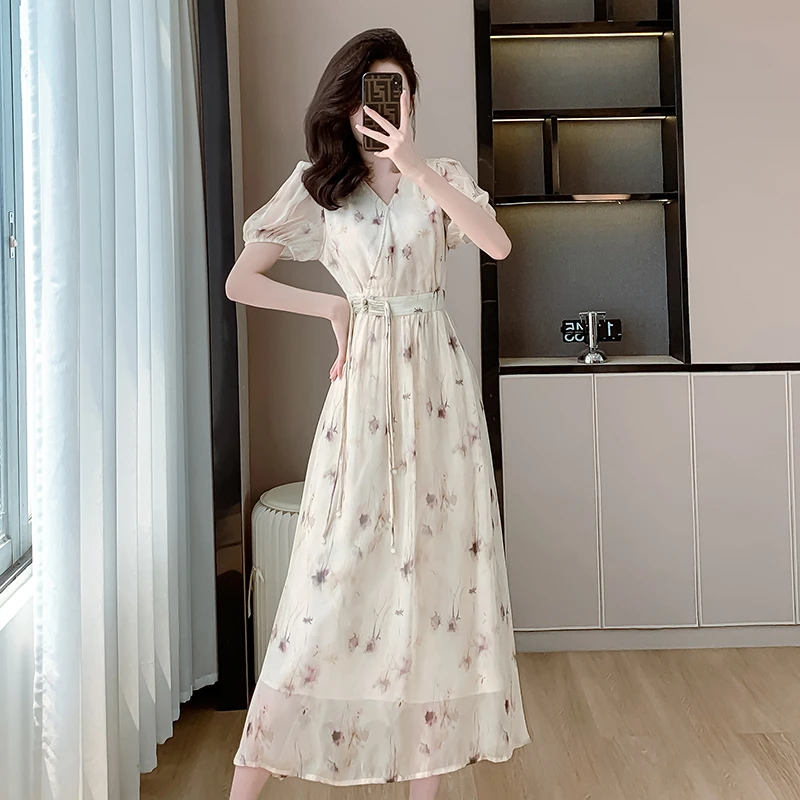 夏季新款气质时尚复古甜美减龄V领雪纺印花遮肉显瘦长款连衣裙