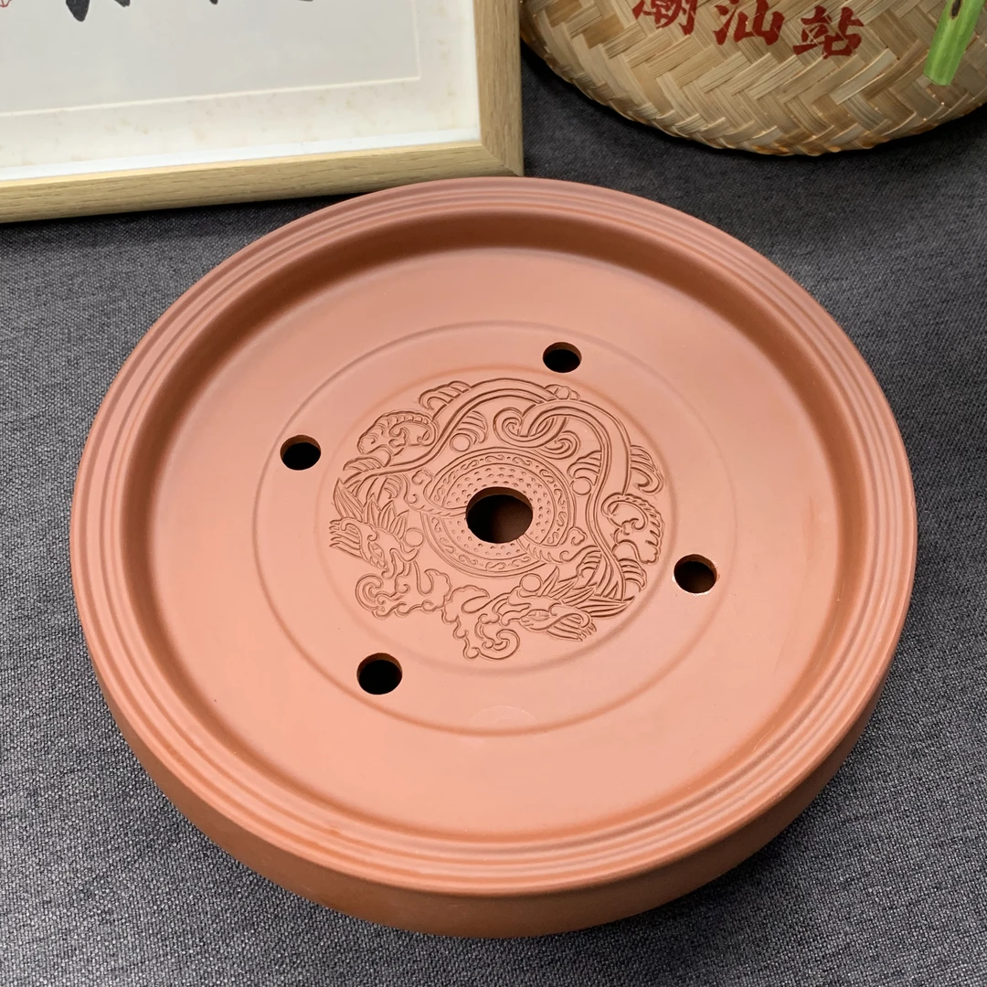 8寸潮州茶具朱泥圆茶船储水家用干泡台茶盘简约小型紫砂茶海茶托