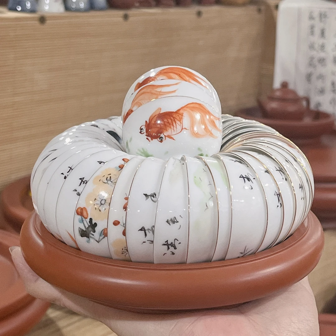 老潮州90年代老物件轻薄蛋壳杯薄胎描金手绘手彩手工品茗杯工夫杯