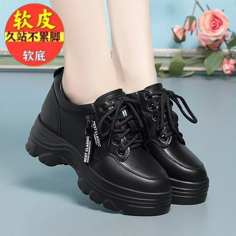 品牌断码2024秋冬新款真皮女鞋坡跟松糕小皮鞋内增高加绒舒适轻便