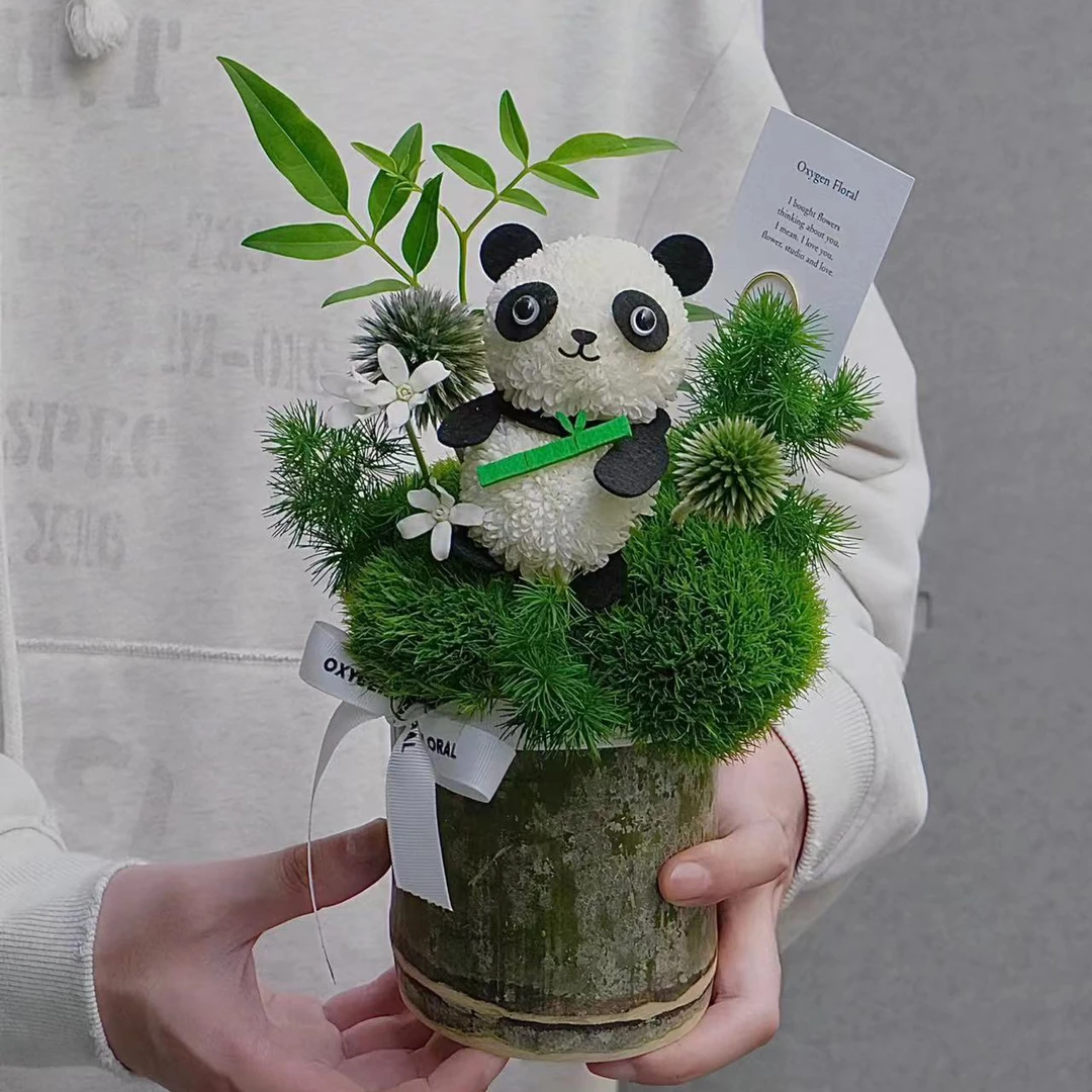 锦衣 竹子大熊猫乒乓菊diy材料包可爱动物卡通儿童节熊猫花束