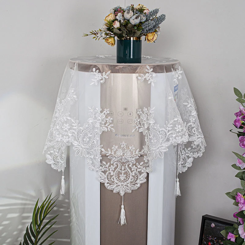 简约刺绣圆柱空调盖布双层蕾丝立式空调罩床头柜洗衣机多用盖巾白