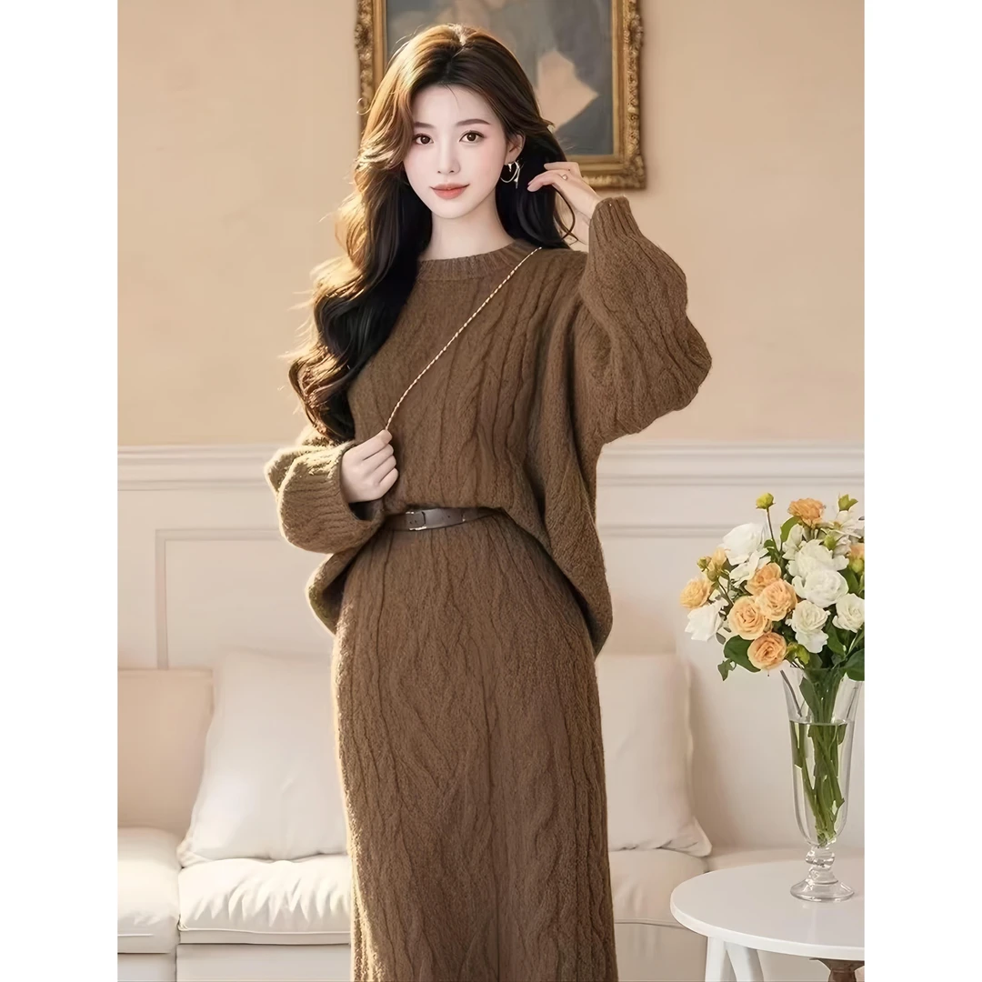 韩国chic秋冬百搭气质麻花纹宽松毛衣上衣+针织半身裙两件套女