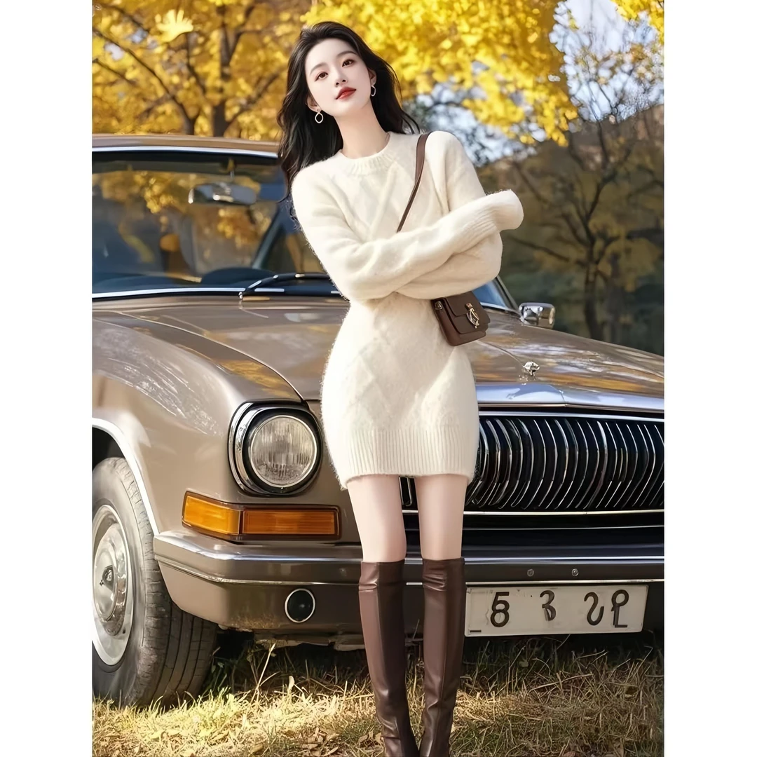 米白色针织连衣裙秋冬内搭修身显瘦绝美奶呼呼高级感慵懒气质裙子